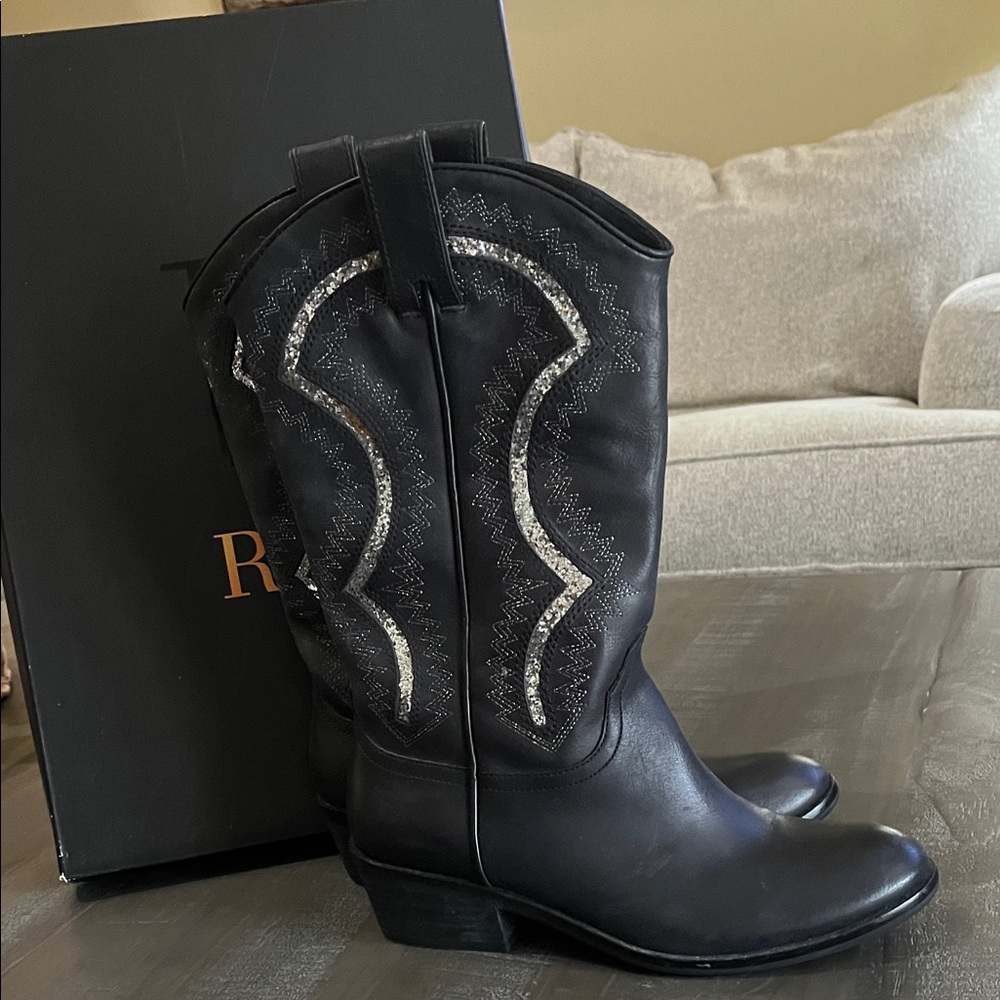 Reba Black Leather Cowboy Boots with Silver Details Size 8